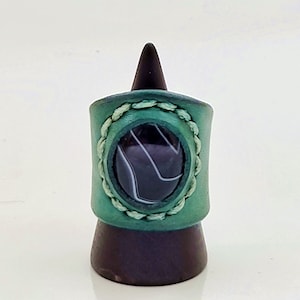Unique Handcrafted Genuine Vegetal Green Leather Ring with Black Agate Stone Setting-Size 9.5 Unisex Gift Fashion Jewelry Band
