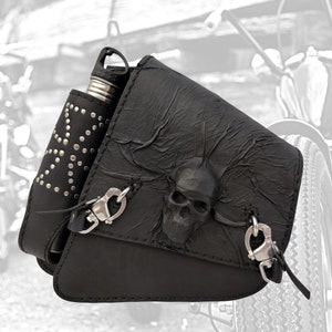 Handcrafted Vegetal Leather Motorcycle Left Side  Maltese Cross-Skull Saddlebag-Harley Davidson Softail- Swingarm Bag
