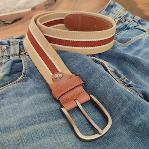 Quality 1.3 inches Width Tan Color with Brown Stripe Genuine Vegetal Leather and Stretch Braided Rope Sport Belt for Everyday Use-Gift Ideas