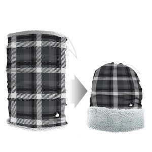 May include: A black and white plaid neck gaiter with a fleece lining. The gaiter can be worn as a neck warmer, face mask, or hat.