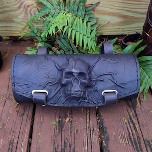 MADE TO ORDER-Handcrafted Genuine Vegetal Leather Tool Bag With Embossed Skull Design-Harley Davidson and Universal Motorcycle Bag