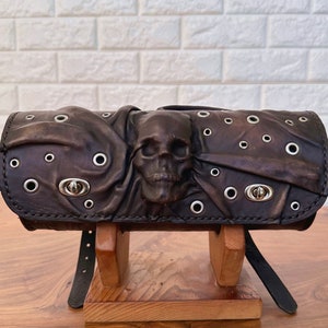 MADE TO ORDER-Handcrafted Genuine Vegetal Rustic Black Leather Front Fork Tool Bag With Embossed Skull and Eyelet-Universal Motorcycle Bag