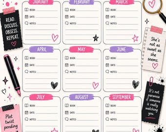 May include: A Freida McFadden Book Club planner with a white background, featuring a year-long calendar to track reading. Includes book titles, a coffee cup, and the text "Different Story. Same Obsession."