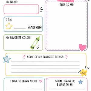 May include: A colorful printable worksheet titled ALL ABOUT ME! featuring sections for name, age, favorite color, favorite things, interests, and future goals. The page is decorated with illustrations of stars, a crayon, books, and a rainbow.