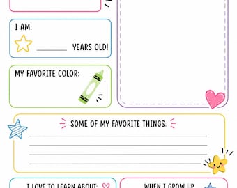 May include: A colorful printable worksheet titled ALL ABOUT ME! featuring sections for name, age, favorite color, favorite things, interests, and future goals. The page is decorated with illustrations of stars, a crayon, books, and a rainbow.