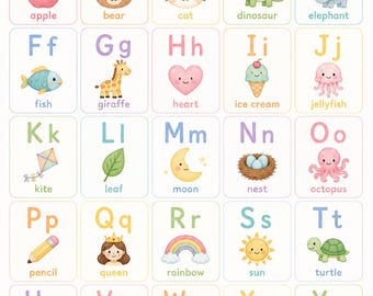 May include: A colorful educational alphabet poster titled The Alphabet, featuring letters A through Z in individual boxes. Each letter is paired with a corresponding illustration, such as an apple, bear, cat, dinosaur, elephant, fish, giraffe, heart, ice cream, jellyfish, kite, leaf, moon, nest, octopus, pencil, queen, rainbow, sun, turtle, umbrella, vase, watermelon, xylophone, yo-yo, and zebra.