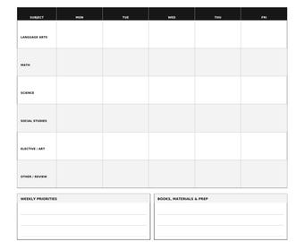 May include: A black and white weekly lesson plan template featuring fields for student, grade, school year, week of, and theme. The grid includes columns for Monday through Friday and rows for subjects like language arts, math, science, and social studies.