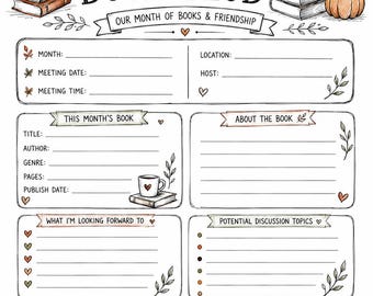 May include: A printed planner page titled Monthly Book Club, Our Month of Books & Friendship. It features sections for meeting details, book information, discussion topics, and notes, decorated with illustrations of books, pumpkins, and coffee mugs.