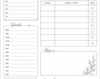 May include: A black and white daily homeschool planner with sections for focus, lessons, schedule, reminders, notes, and wins. The planner includes decorative floral accents and the text "You are doing an amazing job, one day at a time."