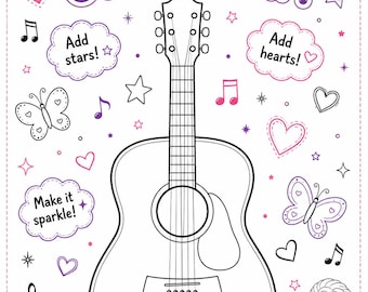 May include: A coloring page titled Decorate Your Own Guitar! featuring a line-art acoustic guitar in the center. The page includes illustrations of butterflies, hearts, stars, and musical notes, with text bubbles saying Add stars!, Add hearts!, and Make it sparkle!, plus a small portrait of a woman with the text What Would Dolly Do?