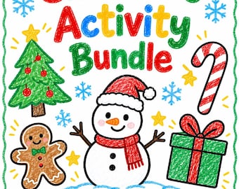 May include: A Christmas Activity Bundle printable sheet featuring the text "Christmas Activity Bundle" at the top and a "Name:" line at the bottom. The design includes a green Christmas tree, a snowman, a gingerbread man, a candy cane, and a gift.