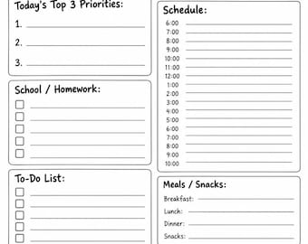 May include: A black and white daily planner page featuring sections for date, day of the week, top 3 priorities, school or homework, a to-do list, a water tracker with a goal of 8 glasses, a schedule from 6:00 to 10:00, meals, snacks, and notes.