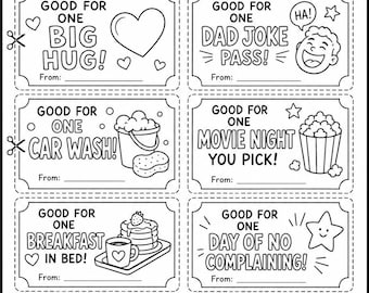 May include: Black and white printable coupons for Dad, featuring illustrations and phrases like "Big Hug," "Dad Joke Pass," and "Breakfast in Bed." The top reads "Coupons for Dad!" and "You're the Best Dad!"