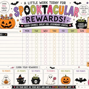 Puede incluir: Una tabla de tareas con tem&aacute;tica de Halloween titulada A LITTLE WORK TODAY FOR SPOOKTACULAR REWARDS. Incluye una cuadr&iacute;cula para los d&iacute;as de la semana, una secci&oacute;n para tareas y un rastreador de recompensas con dibujos de fantasmas y calabazas.