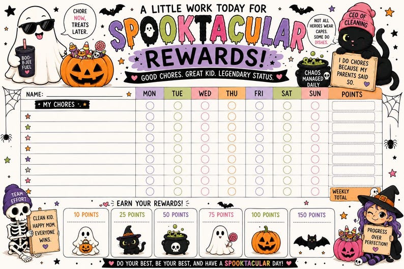 Puede incluir: Una tabla de tareas con tem&aacute;tica de Halloween titulada A LITTLE WORK TODAY FOR SPOOKTACULAR REWARDS. Incluye una cuadr&iacute;cula para los d&iacute;as de la semana, una secci&oacute;n para tareas y un rastreador de recompensas con dibujos de fantasmas y calabazas.