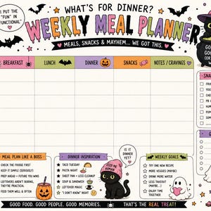 Puede incluir: Un planificador de comidas semanal con tem&aacute;tica de Halloween, que incluye una cuadr&iacute;cula para los d&iacute;as de la semana, categor&iacute;as de comidas, una lista de snacks y una lista de la compra, decorado con ilustraciones de fantasmas, gatos y calabazas.