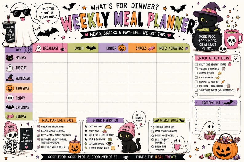 Puede incluir: Un planificador de comidas semanal con tem&aacute;tica de Halloween, que incluye una cuadr&iacute;cula para los d&iacute;as de la semana, categor&iacute;as de comidas, una lista de snacks y una lista de la compra, decorado con ilustraciones de fantasmas, gatos y calabazas.