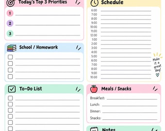 May include: A colorful daily planner page featuring sections for date, day of the week, top 3 priorities, school homework, to-do list, schedule from 6:00 to 10:00, meals, water tracker, and notes. Text includes My Daily Planner, You Got This, and Make it a great day.