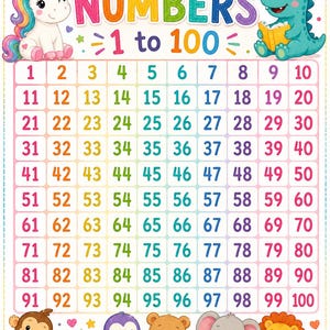 May include: A colorful educational chart with the text "NUMBERS 1 to 100." The chart features numbers from 1 to 100 in a grid format, with illustrations of a unicorn, dinosaur, monkey, penguin, bear, elephant, and lion. A rainbow and sun are also depicted.
