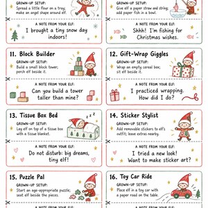 Könnte beinhalten: Ein druckbares Blatt mit dem Titel A Little Elf Magic, das acht nummerierte Aktivitätskarten für Elfen enthält. Jede Karte enthält eine Grown-Up Setup-Anleitung und eine Note From Your Elf mit Illustrationen einer Elfe.