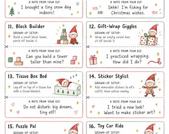 May include: A printable sheet titled A Little Elf Magic featuring eight numbered activity cards for elves. Each card includes a Grown-Up Setup instruction and a Note From Your Elf, with illustrations of an elf in various holiday scenes.