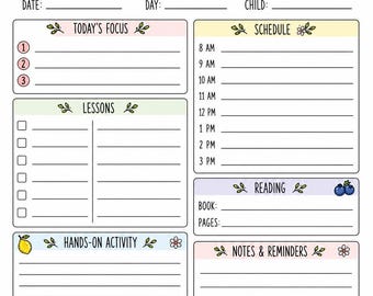 May include: A daily homeschool planner page featuring a fruit-themed border with strawberries, cherries, oranges, blueberries, lemons, and watermelon. The layout includes sections for date, day, child, focus, schedule, lessons, reading, activities, and notes.