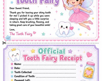 May include: A printable note and receipt set from the Tooth Fairy featuring a cartoon fairy with a wand, smiling teeth, and stars. The note reads A Note from the Tooth Fairy and the receipt reads Official Tooth Fairy Receipt with blank lines.