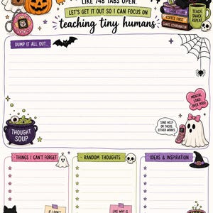 Puede incluir: Una p&aacute;gina de planificador con tem&aacute;tica de Halloween que presenta un fantasma, un gato negro, una calabaza y un caldero. El texto incluye 'MY BRAIN HAS BRAIN DUMP LIKE 748 TABS OPEN', 'teaching tiny humans', 'THINGS I CAN'T FORGET', 'RANDOM THOUGHTS' e 'IDEAS & INSPIRATION'.