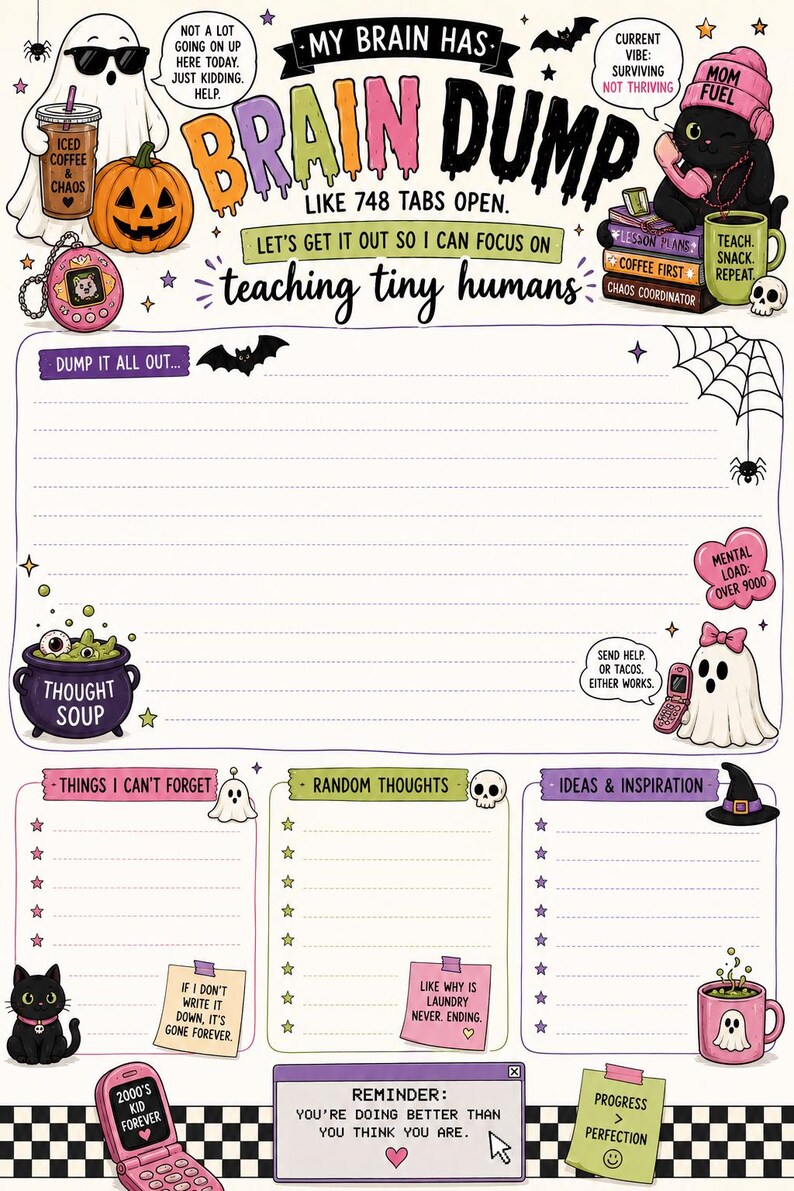 Puede incluir: Una p&aacute;gina de planificador con tem&aacute;tica de Halloween que presenta un fantasma, un gato negro, una calabaza y un caldero. El texto incluye 'MY BRAIN HAS BRAIN DUMP LIKE 748 TABS OPEN', 'teaching tiny humans', 'THINGS I CAN'T FORGET', 'RANDOM THOUGHTS' e 'IDEAS & INSPIRATION'.