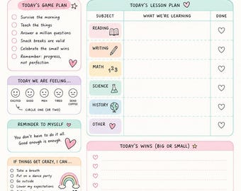 Puede incluir: Un planificador diario de escuela en casa en colores pastel, con secciones para planes de lecciones, planes de juego y recordatorios. Incluye indicaciones para materias como lectura y matemáticas, y una sección para los logros del día.