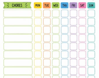 May include: A colorful chore chart featuring the text CHORE CHART at the top and YOU'VE GOT THIS! at the bottom. The grid includes a column for chores and seven columns for days of the week, decorated with a yellow star, cloud, rainbow, and sun.