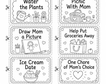 May include: A black and white printable sheet titled Mom Coupons with the subtitle Color, cut, and gift to Mom! It features eight individual coupon rectangles with dashed borders, scissors icons, and illustrations for tasks like Water the Plants, Picnic With Mom, Draw Mom a Picture, Help Put Groceries Away, Ice Cream Date, One Chore of Mom's Choice, Bedtime Story Pick, and Breakfast Helper.
