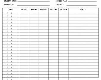 Puede incluir: Un registro de asistencia para educación en casa imprimible en blanco y negro con el título HOMESCHOOL Attendance Log, campos para nombre, año escolar, fechas, una cuadrícula de seguimiento diario, un resumen y una leyenda.