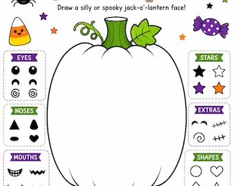 May include: A white pumpkin activity sheet titled Decorate Your Own Pumpkin with the text Draw a silly or spooky jack-o'-lantern face. It features a large central pumpkin outline surrounded by black and white icons of eyes, noses, mouths, stars, and shapes.