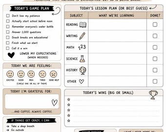 Puede incluir: Un planificador diario de escuela en casa con secciones para el plan de juego, el plan de lecciones y la gratitud de hoy. Incluye indicaciones para sentimientos, victorias y cosas para recordar. Con una taza de café y el texto "Caffeine & Grace (ish)."