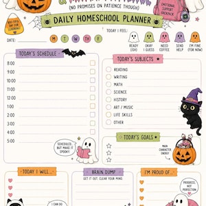 Planificador imprimible para la educación en casa / Paquete de horarios diarios divertidos de Halloween para mamás millennials imagen 1