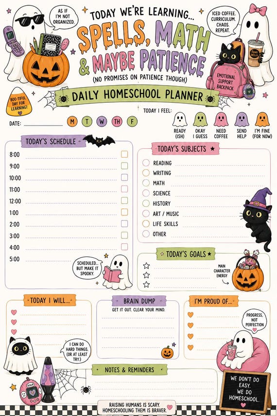 Halloween Homeschool Planner Printable | Funny Millennial Mom Daily Schedule Bundle