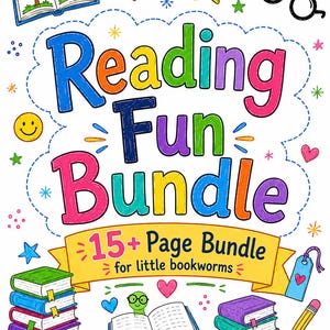 Puede incluir: Un gráfico colorido con el texto Reading Fun Bundle y 15+ Page Bundle for little bookworms. El diseño incluye ilustraciones de libros apilados, un libro abierto con un gusano, un lápiz, gafas, corazones, estrellas y las palabras Read, Imagine, Learn, Grow.