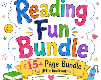 May include: A colorful graphic featuring the text Reading Fun Bundle and 15+ Page Bundle for little bookworms. The design includes illustrations of stacked books, an open book with a worm, a pencil, glasses, hearts, stars, and the words Read, Imagine, Learn, Grow.