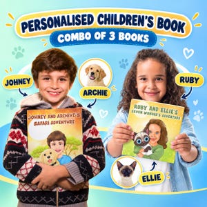 Op de afbeelding: Een promotionele afbeelding voor een gepersonaliseerde set van 3 kinderboeken. De afbeelding toont twee kinderen die boeken vasthouden met de titels Johney and Archive's Safari Adventure en Ruby and Ellie's Seven Wonder's Adventure, inclusief foto's van huisdieren.