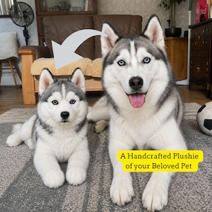 Könnte beinhalten: Ein handgefertigtes Plüschtier eines Siberian Husky-Hundes neben einem echten Siberian Husky. Das Plüschtier ist grau, weiß und schwarz mit blauen Augen. Der echte Hund ist ebenfalls grau, weiß und schwarz mit blauen Augen. Der Text im Bild lautet "A Handcrafted Plushie of your Beloved Pet."
