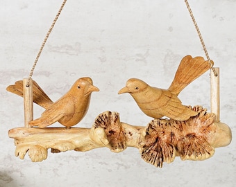 Hanging Canary Figurine, Wood Carving, Statue, Couple, Handmade, Bird Ornament, Nature, Room Decor, Engagement Gift, Art, Gift for Partner