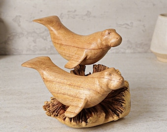 Wooden Manatee Sculpture, Couple, Hand Carved, Wood Carving, Ocean, Animal, Figurine, Unique, House Decor, Gift for Parent, Anniversary Gift