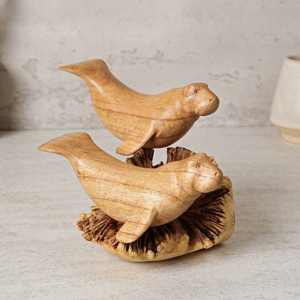 Wooden Manatee Sculpture, Couple, Hand Carved, Wood Carving, Ocean, Animal, Figurine, Unique, House Decor, Gift for Parent, Anniversary Gift