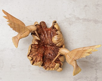 Estatua de pared de colibríes, pareja, arte colgante, escultura de madera, decoración de comedor, decoración única, regalo de aniversario