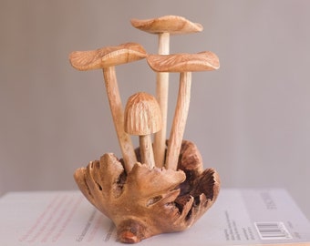 Pequeña escultura de hongos, estatua personalizada, miniatura tallada a mano, tallado en madera, figura de madera, decoración de cocina, boda, regalos del Día de las Madres