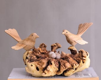 Wooden Birds on the Nest Decor, Canary Love Sculpture, Couple Figurine, Egg, Wood Carving, Miniature, Natural, Handmade Decor, Mother Day