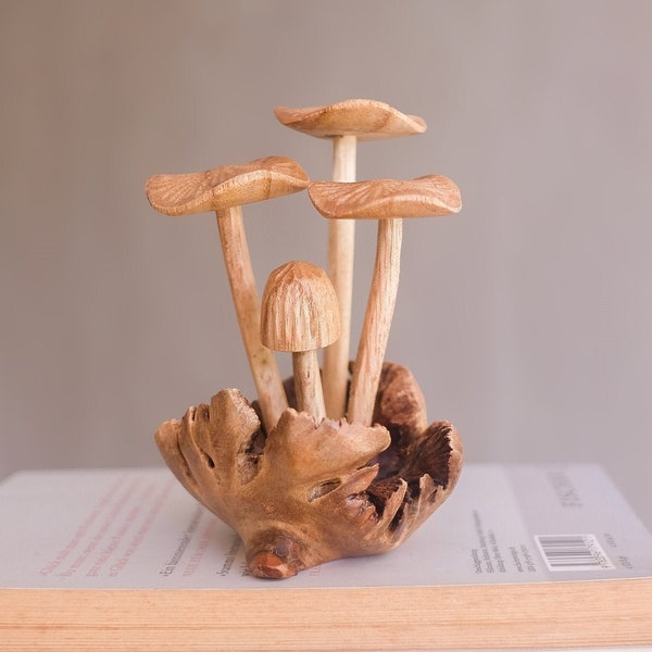 Small Mushroom Sculpture, Personalized Statue, Hand Carved Miniature, Wood Carving, Wooden Figure, Kitchen Decor, Wedding, Mothers Day Gifts