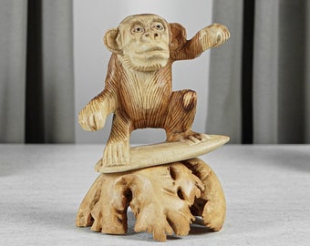 Surfing Monkey Sculpture, Animal, Ocean, Carving, Wooden Base, Unique Statue, Figurine, Beach Decor, Gift for Surfer, Gift for Grandfather
