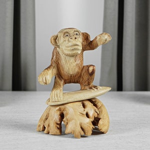 Surfing Monkey Sculpture, Animal, Ocean, Carving, Wooden Base, Unique Statue, Figurine, Beach Decor, Gift for Surfer, Gift for Grandfather